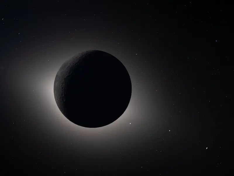 The dark Moon covering the Sun, with a soft glow around it, seen from space